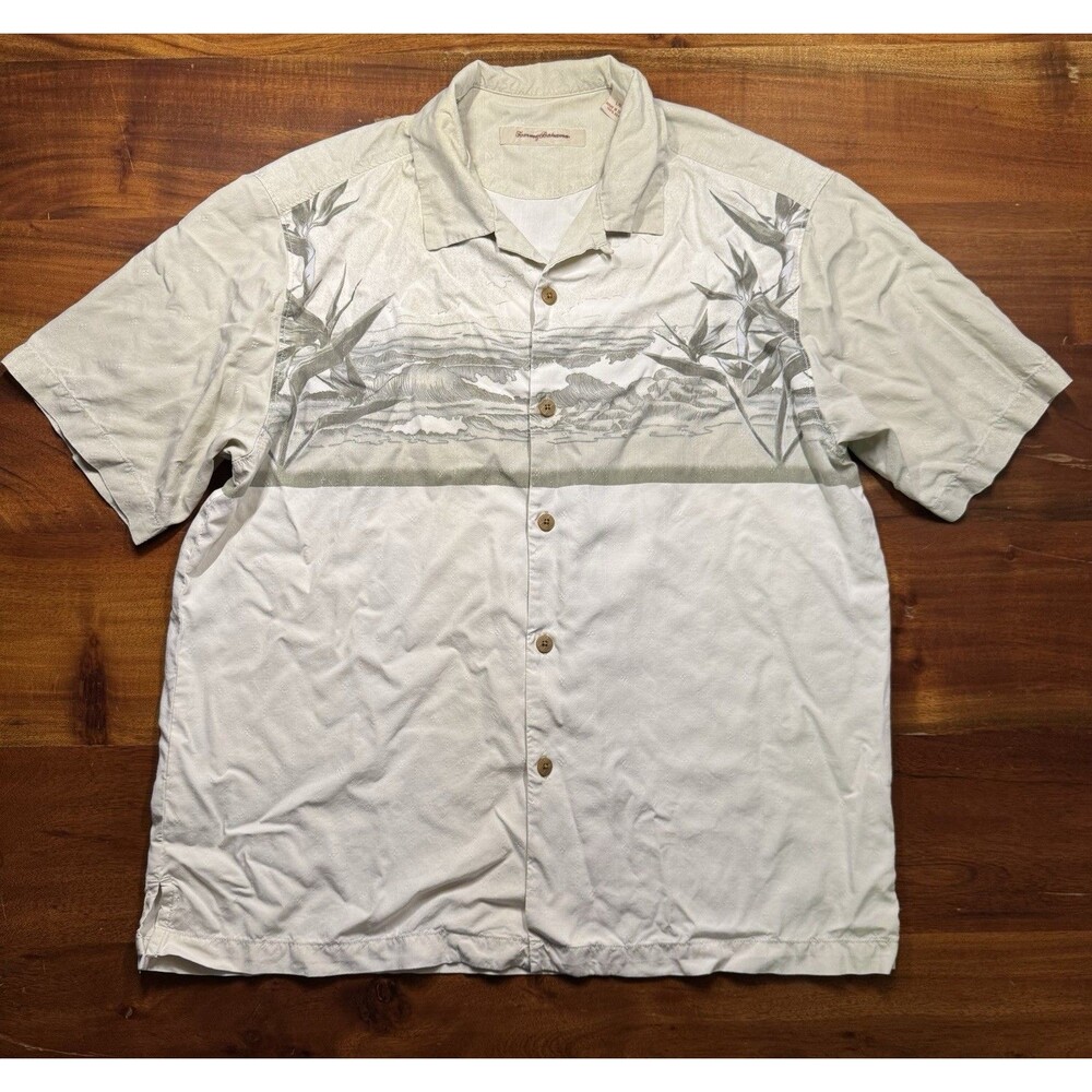 Tommy Bahama Mens Large L 100% Silk Camp Shirt Surf Waves Bird of Paradise Tan